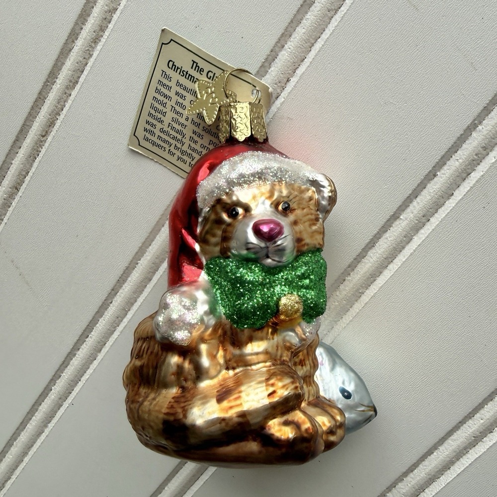 Old World Christmas Blown Glass Cat With Toy Mouse w/ Tag OWC Glitter VINTAGE - Picture 2 of 7